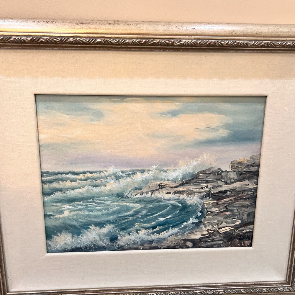 Water painting on canvas from Croatia shoreline with custom wood frame matting